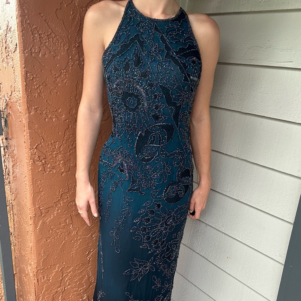 Mia Bella Long Dress Gown With Sequence Beading Spaghetti Strap Cross Low Back